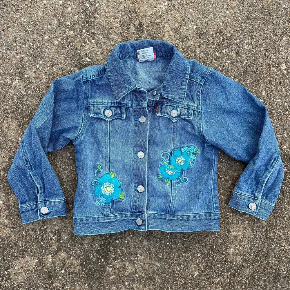 Little Levi's Girls Blue Floral Embroidered Denim Jean Trucker Jacket Size 5